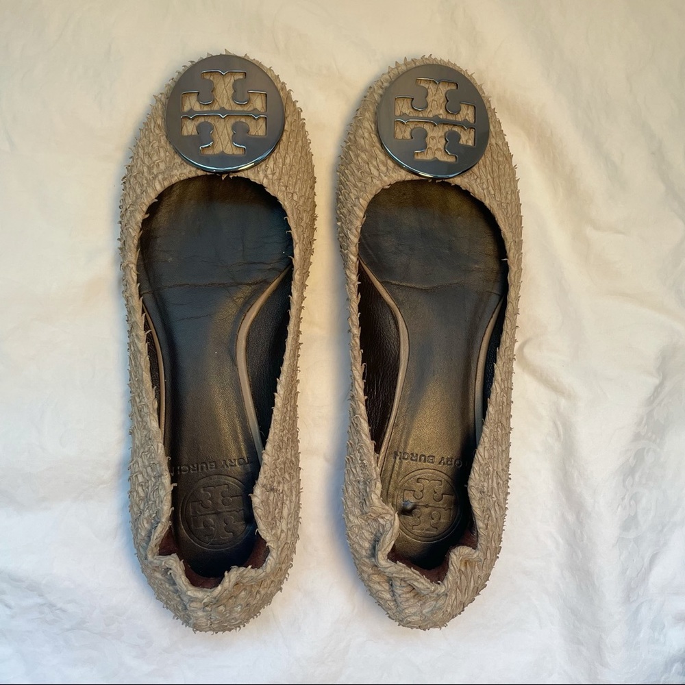 Tory Burch Beach Beige Textured Flats with Logo